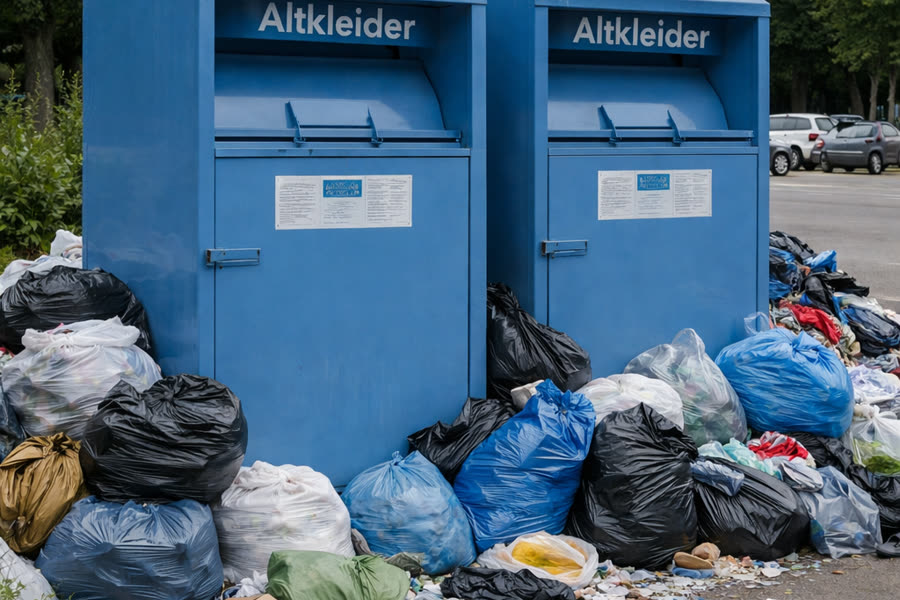 KI-generiertes Bild: überquellende Altkleidercontainer mit Müll davor