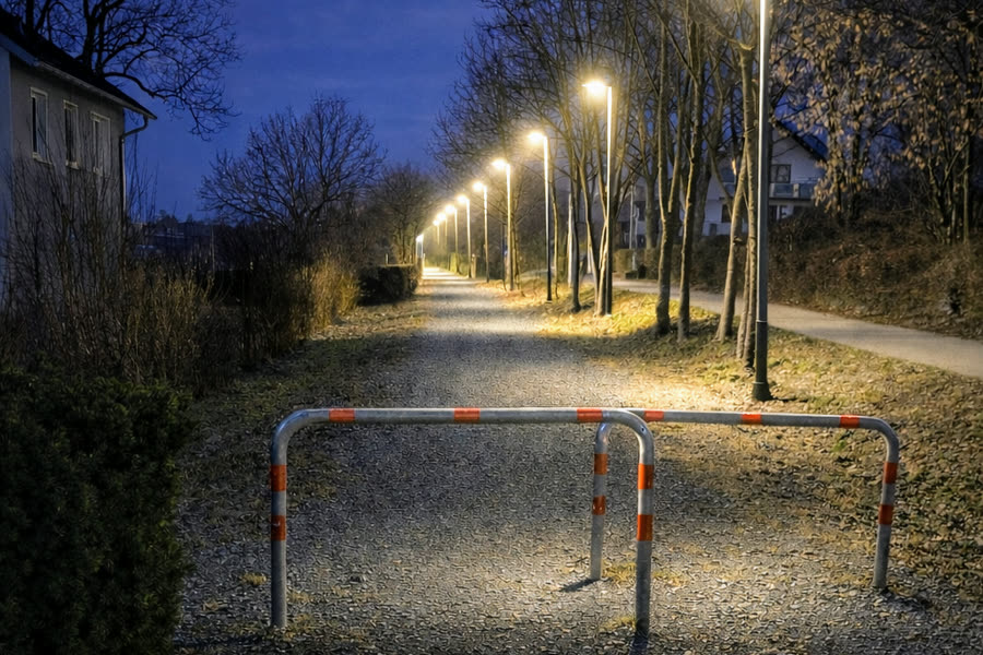 Fuß- und Radweg auf dem ehemaligen Bahndamm in der Dämmerung, Beleuchtung per KI ergänzt